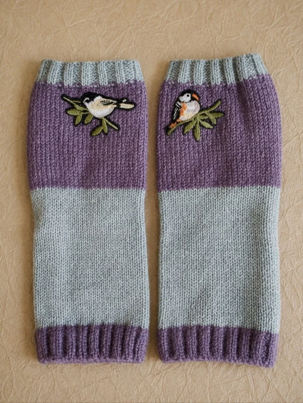 Fingerless Gloves Thumb Holes Purple Gray Grey Embroidered Birds Mittens NEW